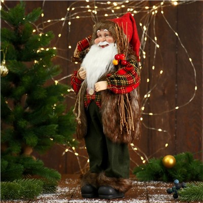 Дед Мороз под ёлку «Зимнее волшебство. Новогодняя игрушка в пушистой жилетке, с веточками», 45 см
