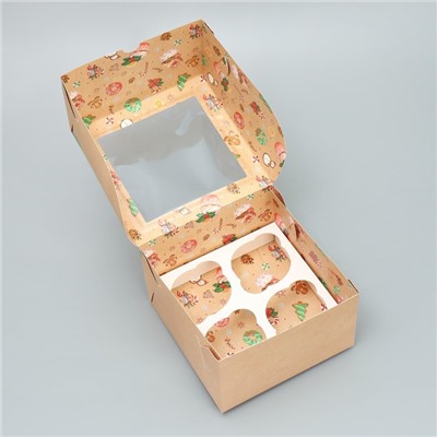 Коробка для капкейков складная с двусторонним нанесением «С Новым годом!», 16×16×10 см