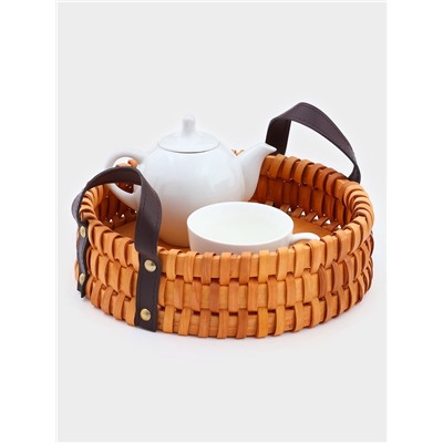 Поднос-корзинка для завтрака Доляна «Массив», с ручками из искусственной кожи, d=25 см