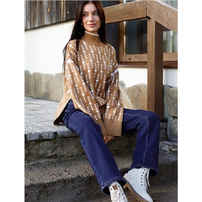 Свитер с боковыми разрезами жаккардовой вязки с кашемиром