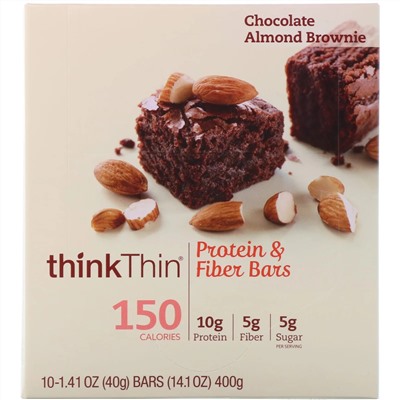 Think !, High Protein Bars, Chocolate Almond Brownie, 10 Bars, 1.41 oz (40g) Each