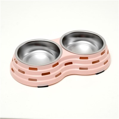 Миска двойная, 2×160 мл, 25×14×5 см, на пластиковом основании, металл, розовая