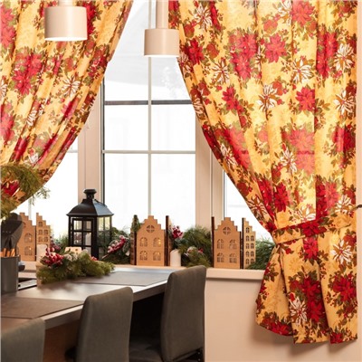 Комплект штор для кухни с подхватами «Доляна. Новогодние украшения», 2 шт., жёлтые, 145×180 см