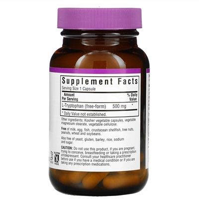 Bluebonnet Nutrition, L-триптофан, 500 мг, 60 растительных капсул