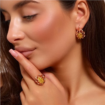 Комплект ювелирная бижутерия коллекция  "Дубай" серьги и кольцо 20 р, покрытие: позолота, вставка: искусственный камень с вкраплениями, цвет: желтый, арт.313.126-20