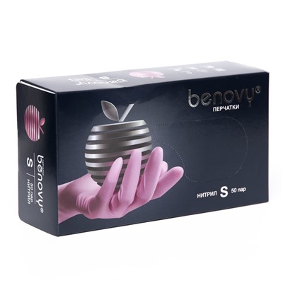 Перчатки Benovy, нитриловые, медицинские, розовые, 3.8 г, размер S, 50 пар