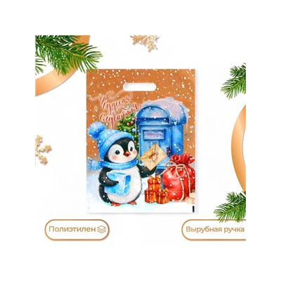 Пакет подарочный новогодний «Пингвинёнок почтальон», полиэтиленовый с вырубной ручкой, 30×40 см