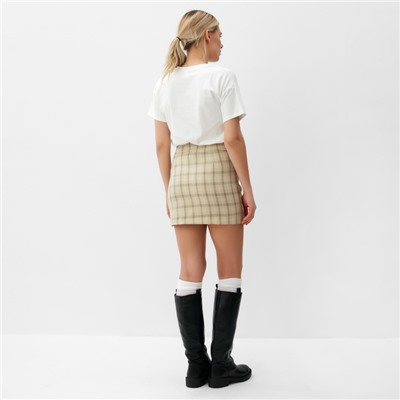 Юбка мини на запах женская MINAKU: Casual Collection, клетка бежевая, размер 48