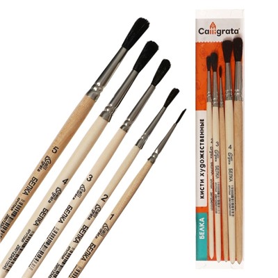 Набор кистей для рисования, белка, 5 штук: №: 1, 2, 3, 4, 5, Calligrata, круглые, деревянная ручка, в пенале