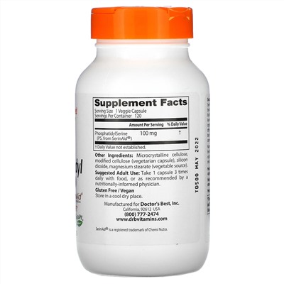 Doctor's Best, фосфатидилсерин с SerinAid, 100 мг, 120 вегетарианских капсул