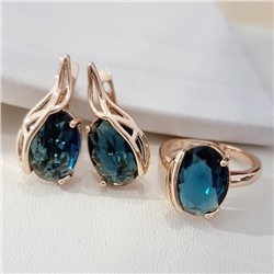 Комплект ювелирной бижутерии коллекция "Дубай" серьги и кольцо 17 р, покрытие позолота, вставка: стекло, цвет: синий, арт.414.337-17