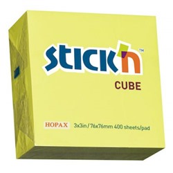 Бумага для заметок с клеевым краем 76х76 мм 400л 70г/м2 неон желтый 21010 (822591) Hopax