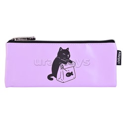 Пенал "Cat and Fish" 21,5x9x1 см, плоский для 35 предметов, на молнии, матовая антивандальная искусственная кожа до -40C, аппликация из искусственной кожи, с подкладом