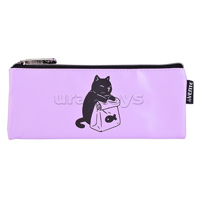 Пенал "Cat and Fish" 21,5x9x1 см, плоский для 35 предметов, на молнии, матовая антивандальная искусственная кожа до -40C, аппликация из искусственной кожи, с подкладом
