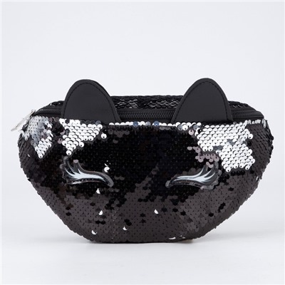 Сумка детская для девочки поясная Black cat, с пайетками, на молнии, чёрная