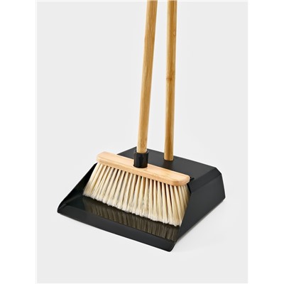 Щётка с совком Meli, бамбуковый держатель, 26×24×98 см, чёрная