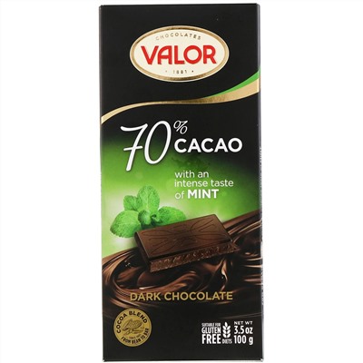 Valor, Темный шоколад, 70% какао, мята, 3,5 унции (100 г)