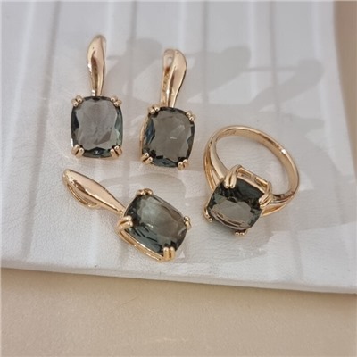 Комплект ювелирной бижутерии коллекция "Дубай" серьги, кулон и кольцо 19 р, покрытие позолота, вставка: стекло, цвет: серый, арт.414.320-19
