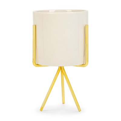 Кашпо для цветов «Цилиндр», 300 мл, 15×8×8 см, керамика, на золотистой подставке, белое