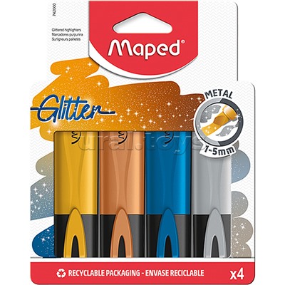 Текстовыделитель с блестками "Fluo pep's glitter" пишущий узел 1-5мм, 4 цвета металлик