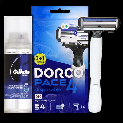 Набор подарочный DORCO РАСЕ-4 (2 предмета) (Станок 4шт. с несъемной головкой +гель д/бритья SERIES 75мл в косметичке