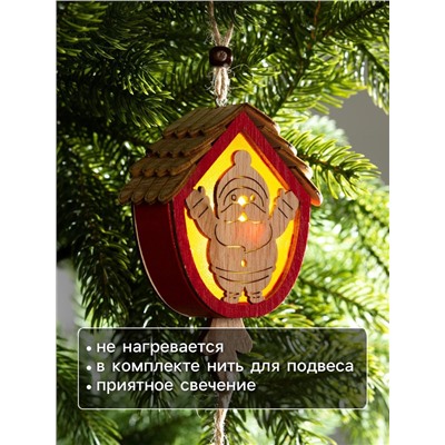 Ёлочная игрушка «Домик с Дедом Морозом», 9×8×4 см, от батареек, свечение тёплое белое