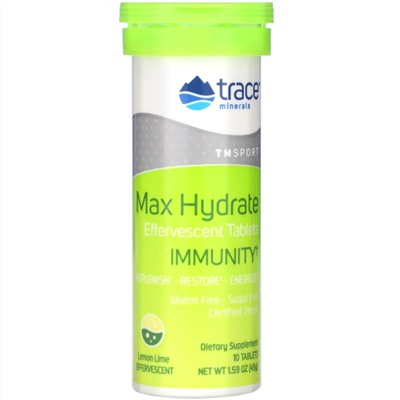 Trace Minerals Research, Max Hydrate Immunity, шипучие таблетки, со вкусом лимона и лайма, 45 г (1,59 унции)