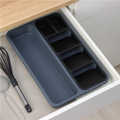 Лоток для столовых приборов FOLYlife, 40×26×5.1 см, 6 отделений, пластик, серый, чёрный