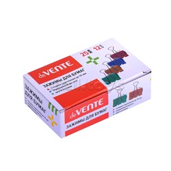 Зажим для бумаг металлический (25 мм) толщина скрепления до 10 мм, цветной ассорти, 12 шт в картонной коробке