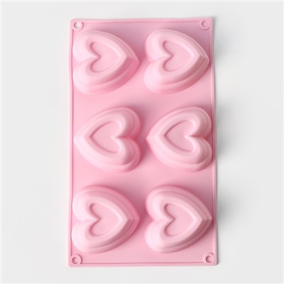 Форма для выпечки Доляна «Сердце в сердце», силикон, 17.5×30 см, 6 ячеек (8×8 см), розовая
