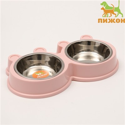 Миска металлическая двойная на пластиковой основе, 27.8×15.5×4 см, розовая