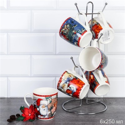 Кружка 6 штук на металлстенде 250 мл Новый год / 28038 Кружка новогодняя