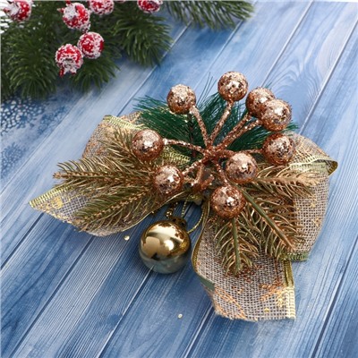 Ёлочные игрушки 2 шт. «Зимнее волшебство. Еловая композиция» пластик, бант с принтом, 13×12 см, золото