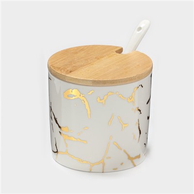 УЦЕНКА Набор банок на деревянной подставке 3 шт. «Эстет. Gold» 29.5×10×10 см, белая