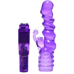 Фиолетовая виброракета с насадкой-кроликом Ribbed Rabbit Vibrator - 21,6 см.