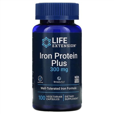 Life Extension, Iron Protein Plus, 300 мг, 100 вегетарианских капсул