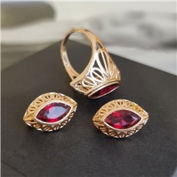Комплект ювелирной бижутерии коллекция "Дубай" серьги и кольцо, покрытие: позолота, вставка: камень, цвет: красный, р-р 20, 7602, арт.216.362-20