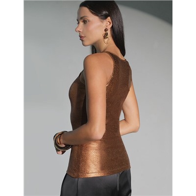 Топ с закрытым декольте из хлопка с эластаном в рубчик с матовым покрытием металлик