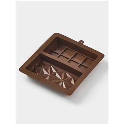 Форма для дубайского шоколада Доляна «Квадраты, пирамиды», 2 плитки, 21×19×2.5 см, силикон, коричневая
