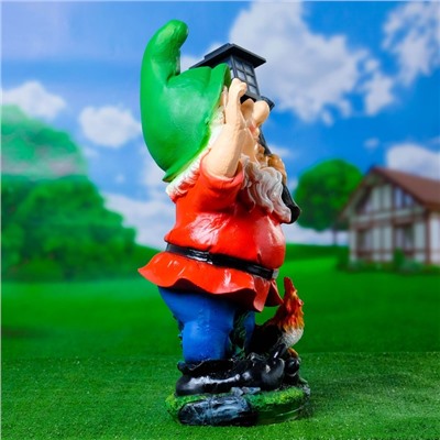 Садовая фигура - фонарь «Гном с фонарем и петухом» из полистоуна, 31×23×56 см