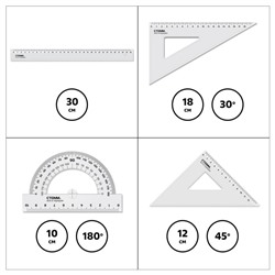 Набор геометрический 4 пр. размер L (линейка 30см, 2 треугольника, транспортир), прозрачный,бесцв., европодвес НЧ-31447 Стамм