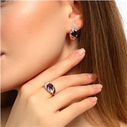 Комплект ювелирной бижутерии, покрытие: посеребрение, серьги и кольцо 18 р, вставка: фианит, цвет: фиолетовый и прозрачный, арт.213.299-18