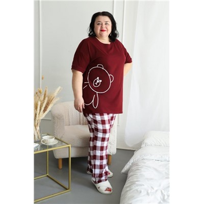 Пижама больших размеров с брюками Мишка (Бордовый)