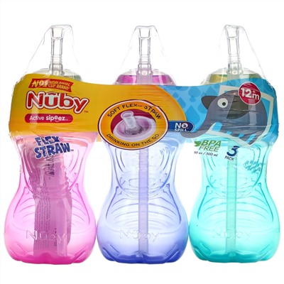 Nuby, No Spill FlexStraw Cups, 12+ M, Girl, 3 Pack, 10 oz (300 ml) Each