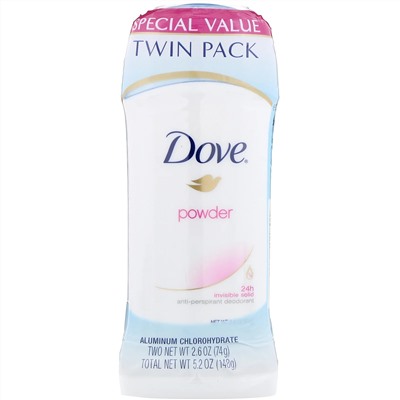 Dove, Invisible Solid Deodorant, Powder, 2 Pack, 2.6 oz (74 g) Each