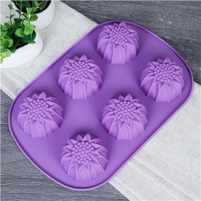 Форма для выпечки 6 ячеек силиконовая Цветы Подсолнухи 3,5 см / HL-071 / уп 200/ 0,1/ 25*17*3,5