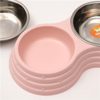 Миска двойная, 25×14×5 см, на пластиковом основании, металл, розовая