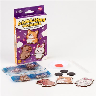 Алмазная мозаика на деревянном магните для детей «Милые зверюшки», набор для творчества