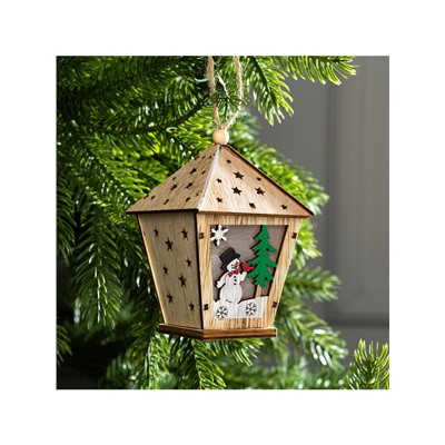 Ёлочная игрушка «Фонарь со снеговиком», 11×8×8 см, от батареек, свечение тёплое белое