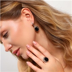 Комплект ювелирной бижутерии с крупным камнем серьги и кольцо 18 р, цвет: черный, арт.213.914-18